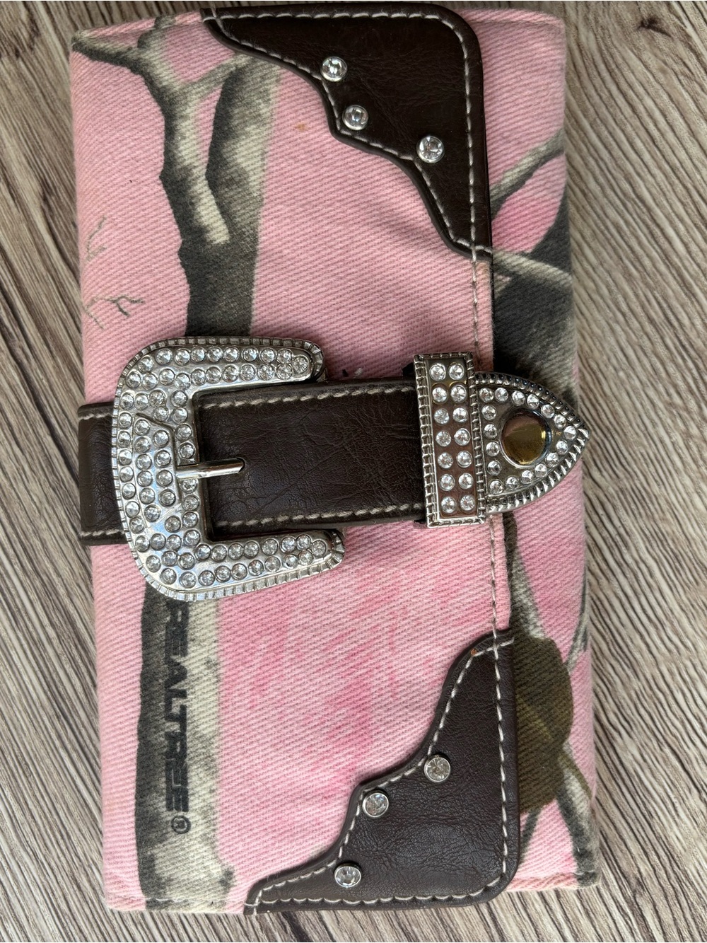 Realtree Pink Camouflage Card Holder with Brown Rhinestone Buckle